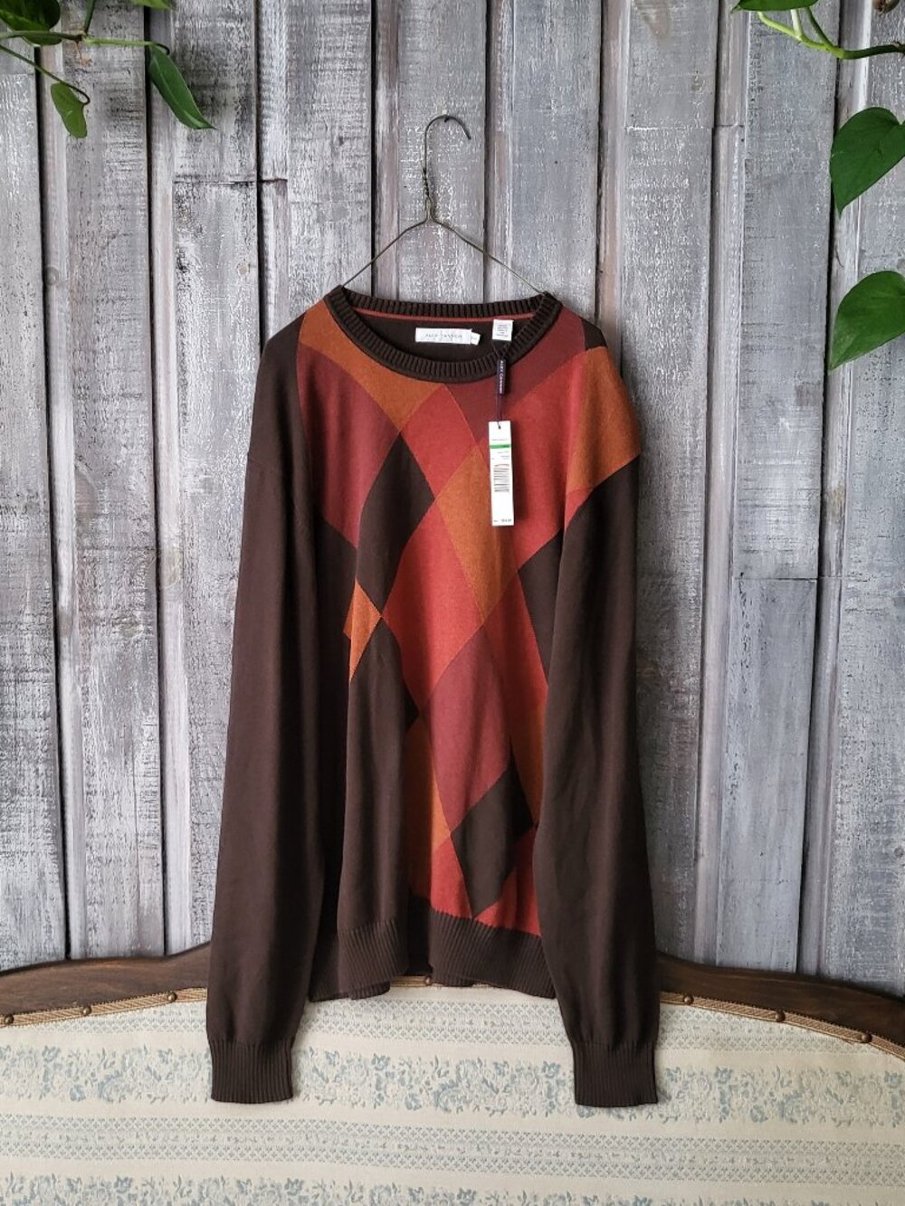 Alex Cannon Men's L Brown Argyle Pattern Cotton Knit Crewneck Sweater NWT